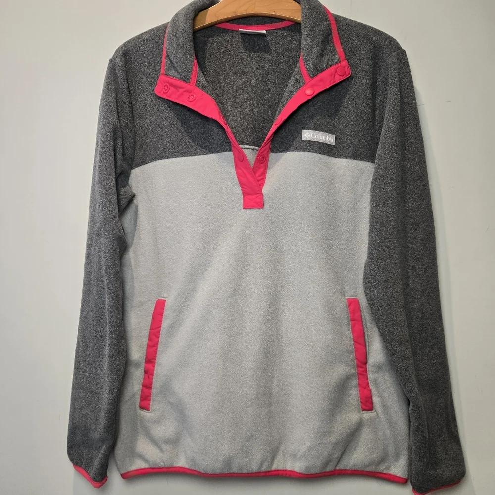 Columbia Fleece Women's Large Pullover 1/4 Snap V Neck Gray Pink